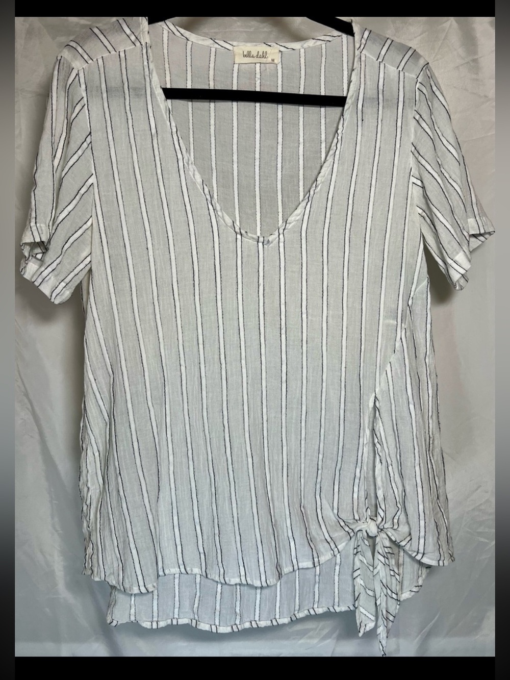 Bella Dahl Striped Side Tie Popover Top V-Neck Short Sleeve White Grey M EUC